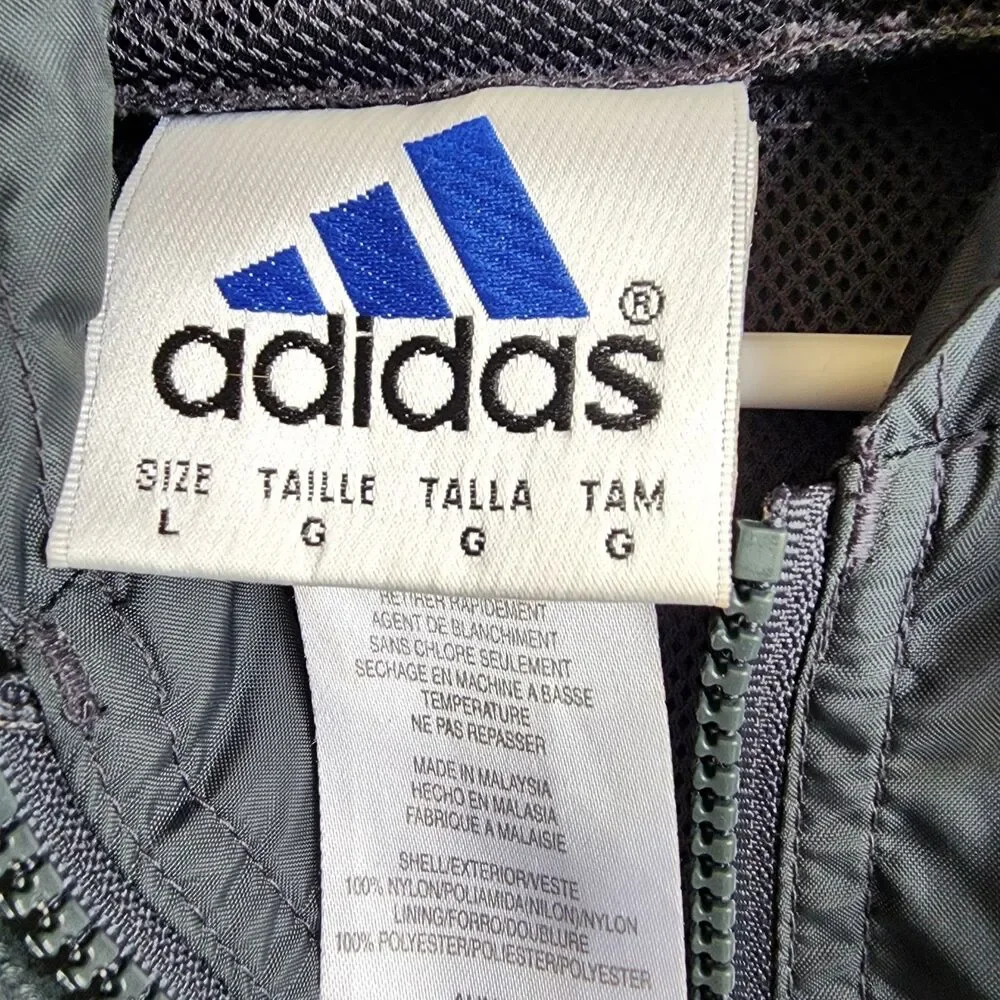 Vintage Adidas Windbreaker Jacket Men’s Size L Gray Orange 3-Stripes Hooded Zip